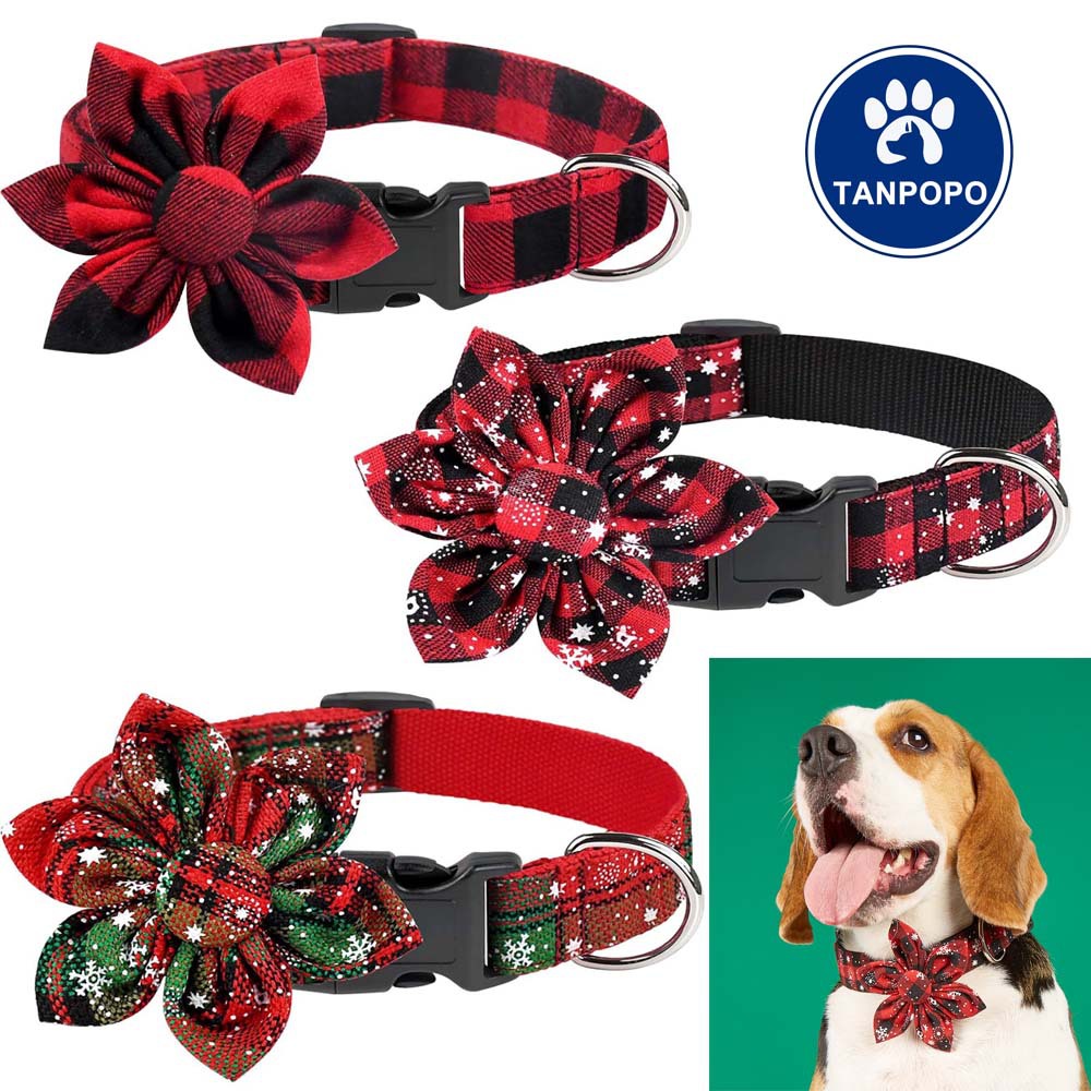 Tanpopo flores de sol de Navidad cuadrado rojo y negro para mascotas collar arco collar perro corbata