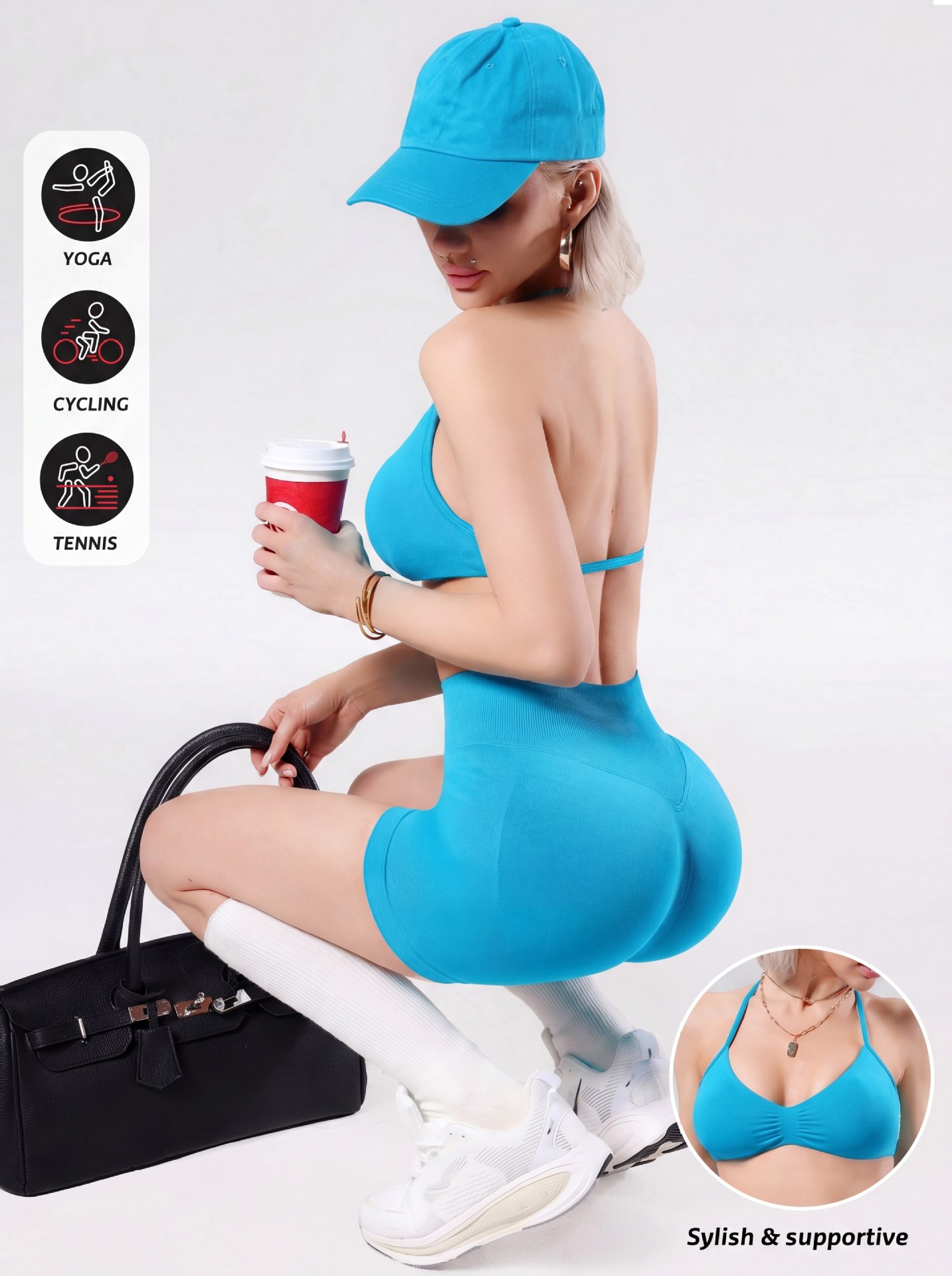 Df Sports Yoga Set for Women: Halter Neck Sports Bra with Beautiful Back Design, Waist-Cinching Peach Butt Fitness Shorts