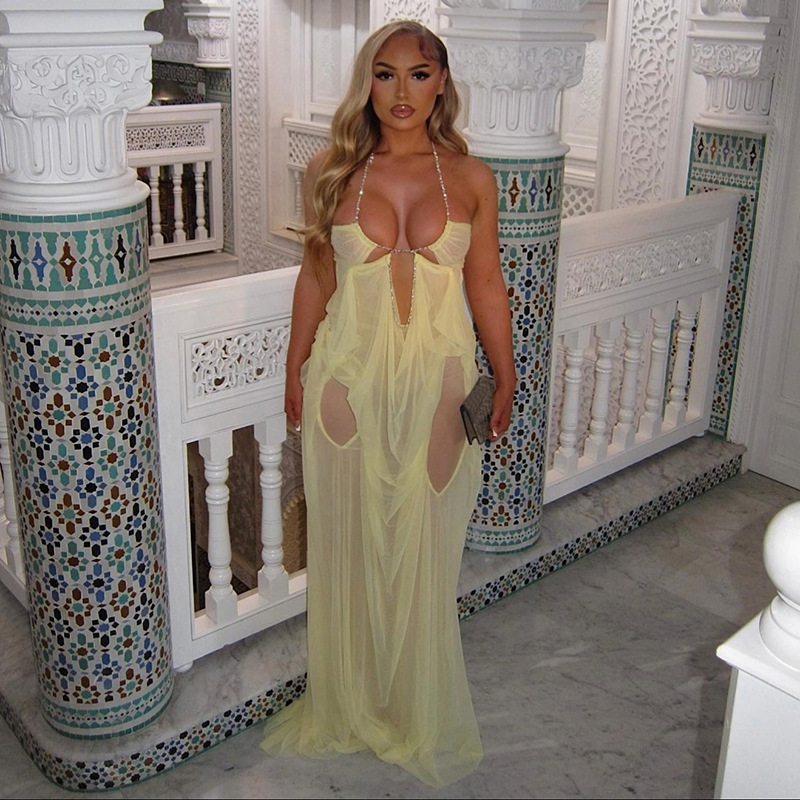 Women's Clothing Summer Sexy European American Style Mesh Patchwork Low Cut Halter Neck Backless Irregular Dress For Women_ecoleips.com