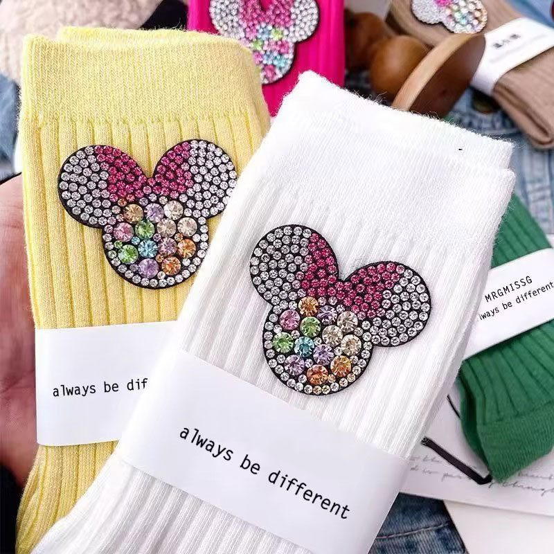 Korean Style Cartoon Three-Dimensional Rhinestone Beige Mouse Head Socks Pattern Design Sense Ins Fashionable Outer Wearing Cotton Socks