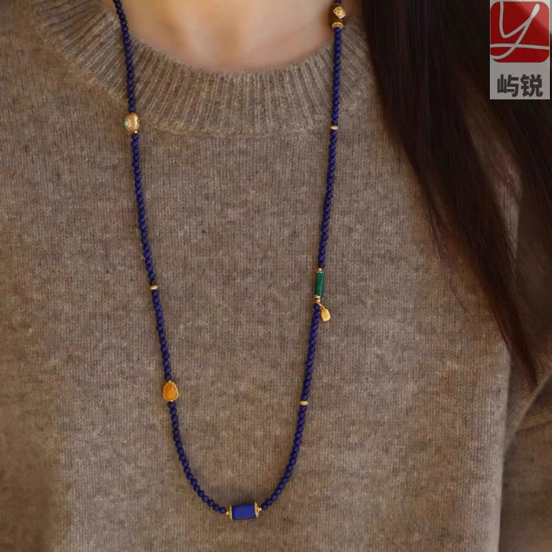 Natural lapis lazuli long necklace, amber gourd, agarwood, handmade beaded new Chinese style sweater chain, multi-loop bracelet.