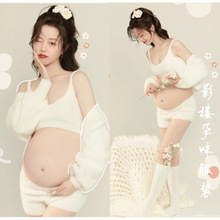 新款影楼孕妈咪艺术照孕妇拍照服装白色针织套装小清新唯美孕妇照
