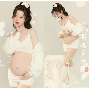 New Photo Studio Pregnant Mommy Art Photo Pregnant Women Photo Clothing White Knitted Suit Small Fresh and Beautiful Pregnant Women Photo