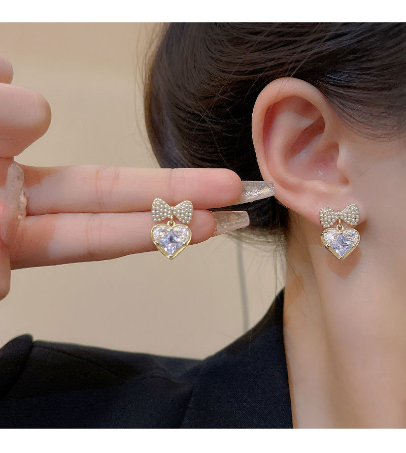 Sweet Heart Shape Bow Knot Copper Plating Inlay Artificial Pearls Zircon Drop Earrings 1 Pair