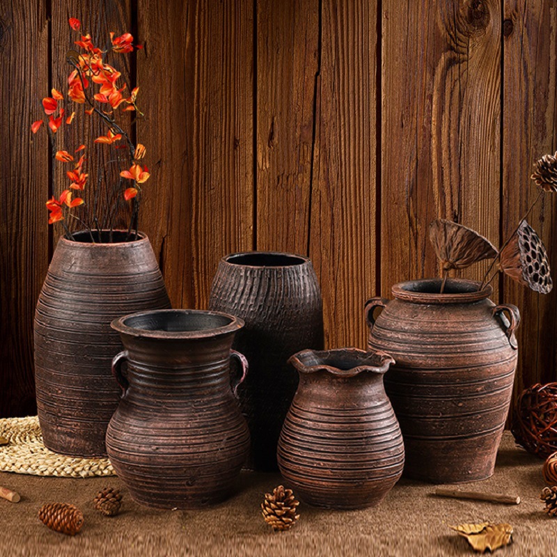 复古土陶罐居家水培干花盆插花器装饰摆件怀旧水缸陶瓷大花瓶批发