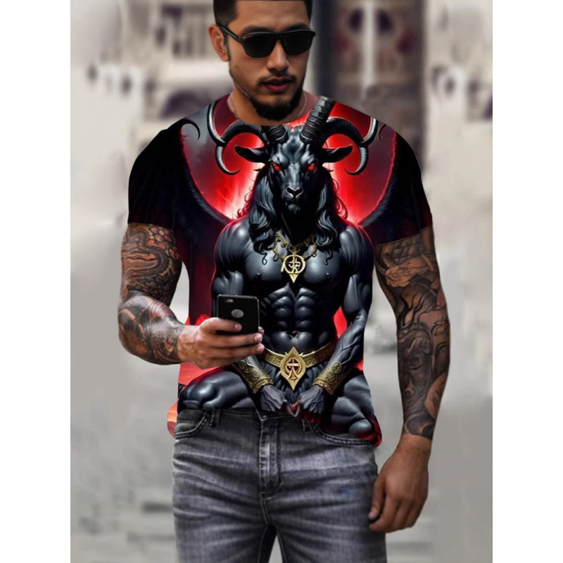 Cross-Border New Men's T-Shirt with 3D Printed Pattern of a Bull-Headed Figure, Men's Casual Short-Sleeve T-Shirt, Breathable