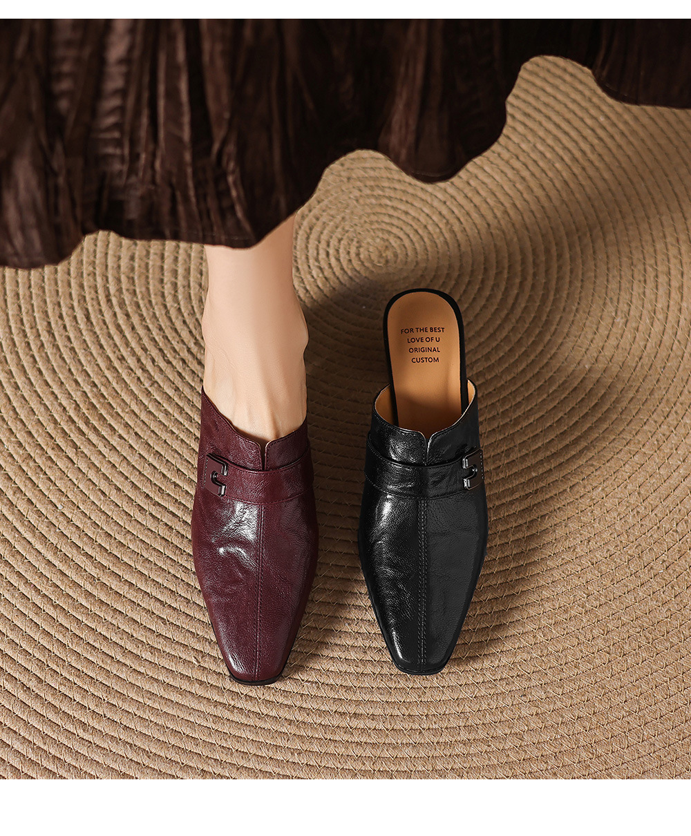 Dép sandal cao gót nữ mũi nhọn quai ngang da dê gót thô 5 cm — đen chi tiết 2