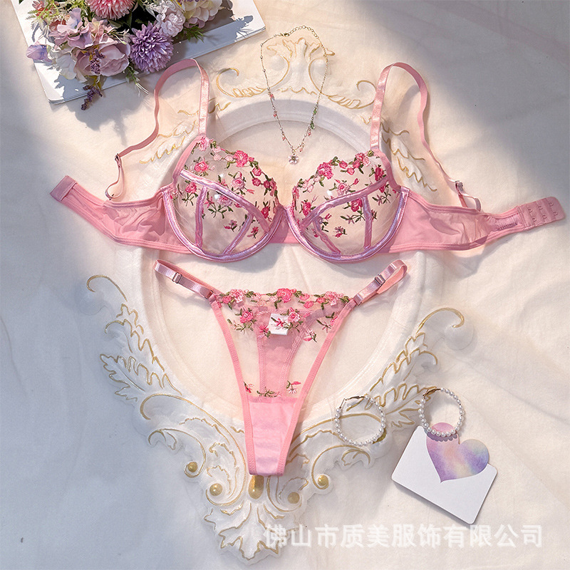 Y French Embroidery Bra Set with Underwire, Ultra-Thin Cup, Pure Desire Transparent Three-Point Bra, Sexy Lingerie 24088