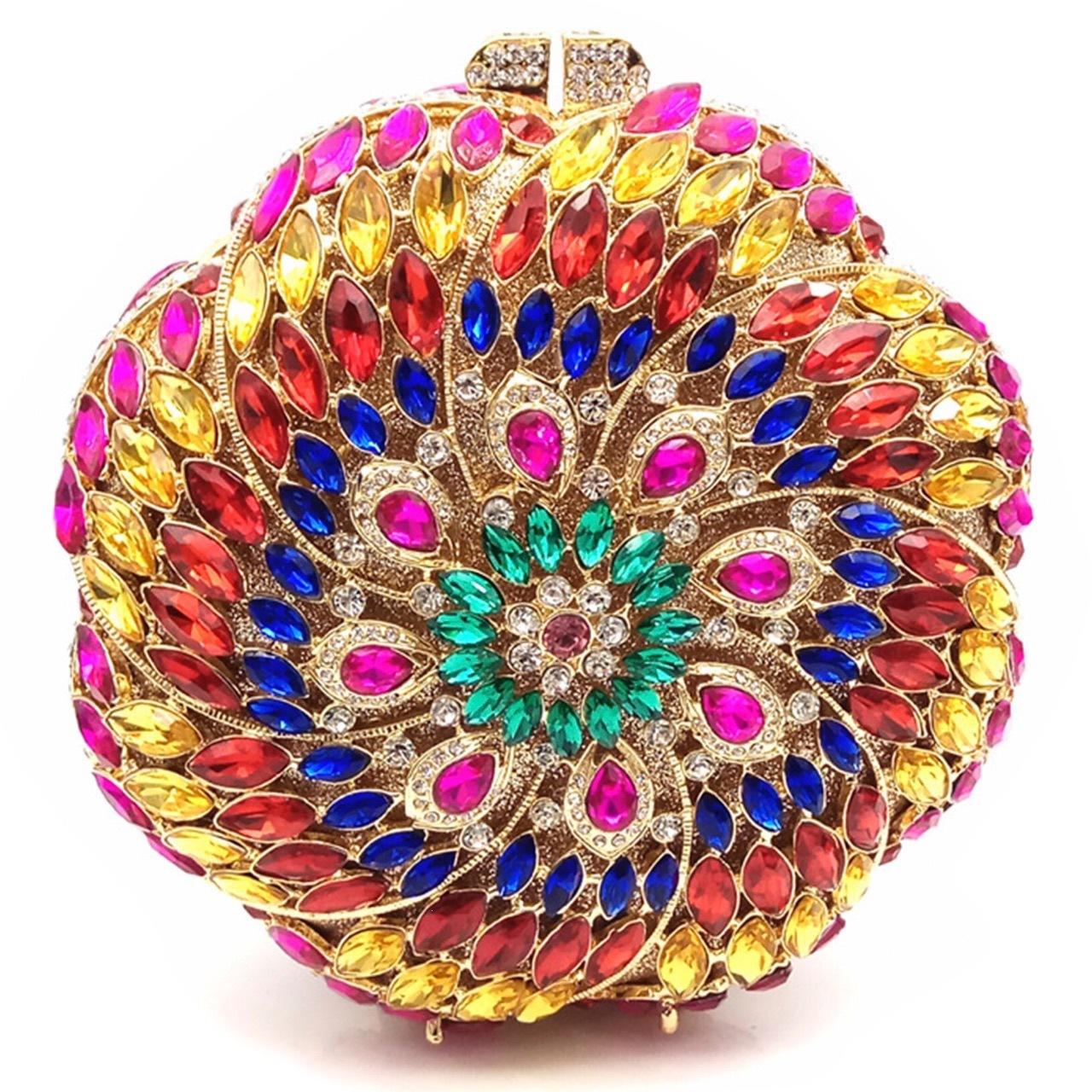Banquete estilo europeo y americano bolsas de diamantes de diamante pequeñas botones magnéticas rojas redondas flores bolsas de cena de oro redondas
