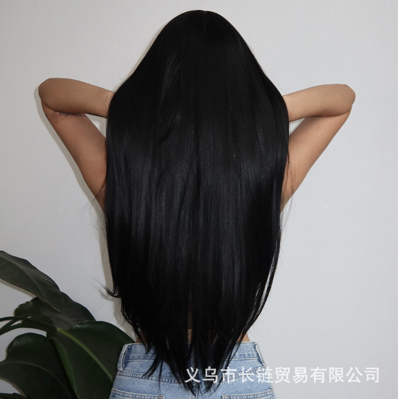Luz transfronteriza Europa y América hasta la cintura peluca de pelo liso de longitud media negra cabeza entera seda doméstica femenina natural peluca Xuchang wigs