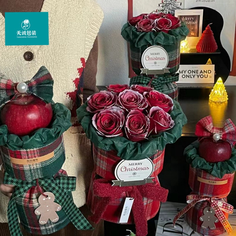 圣诞节英伦格纹绒布小香风针织布平安夜礼物平安果包花布diy材料