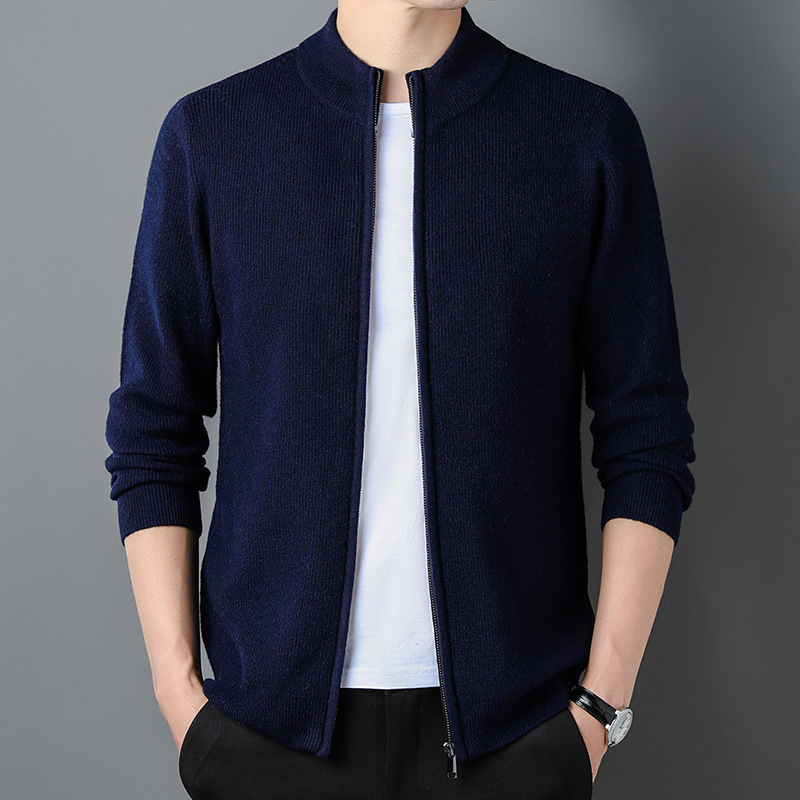 Autumn Men's Coat All-Wool New Striped Stand-Up Collar Cardigan Long-Sleeved Zipper Knitted Trendy Cardigan Wholesale