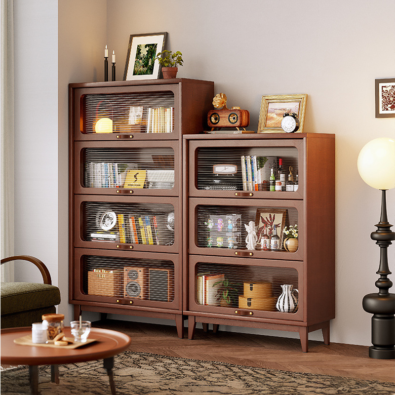 Gabinete de madera sólida de madera de caucho a prueba de polvo con puerta de vidrio estante de libros para almacenar artículos en el suelo de la sala de estar doméstica Gabinete de exhibición vertical