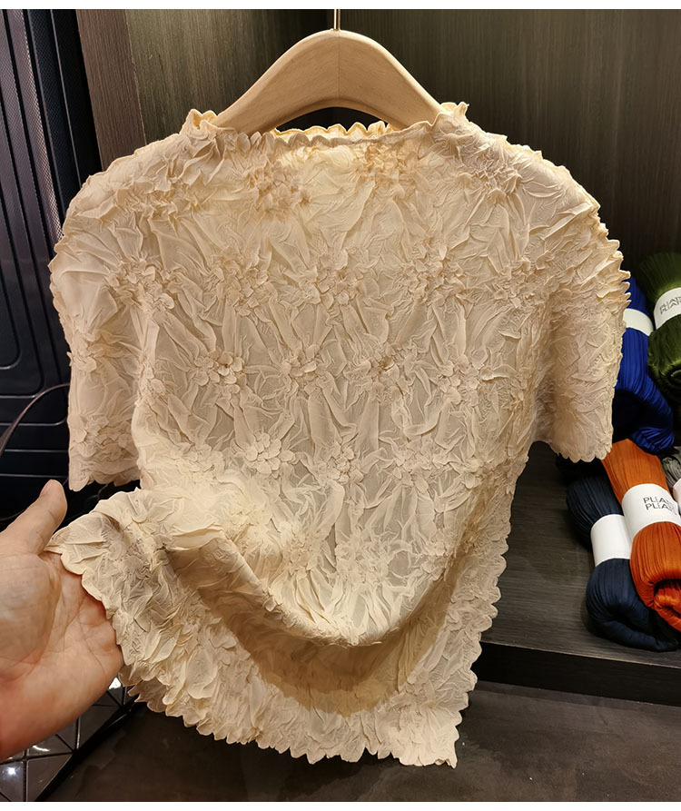 Áo thun nữ tay ngắn cổ tròn chất liệu cotton dập nổi hoa văn nổi cao cấp — Màu đen, Màu đào, Màu trắng, Màu xám chi tiết 13