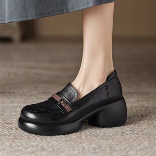 British Style Thick Bottom Small Leather Shoes Women's Soft Leather Chunky Heel Loafers 2024 New Spring and Autumn Color-matching High Heel Lazy Shoes