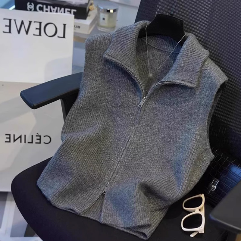 European High-End Niche Double Zipper Knitted Vest Autum New Simple Casual Layered Vest Outer Vest
