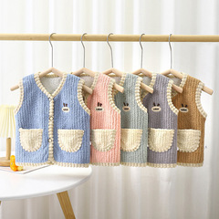 Children's vest spring and autumn Korean version baby vest for boys and girls puff velvet vest thick pocket infant cardigan children's clothing