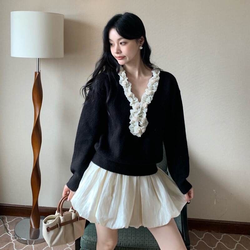 【Explanation】Newopen25 Winter French Court Style Ruffled Sweet Age-Reducing V-Neck Loose Sweater for Women F7058 【Explanation】Newopen25 Winter French Court Style Ruffled Sweet Age-Reducing V-Neck Loose Sweater for Women F7058