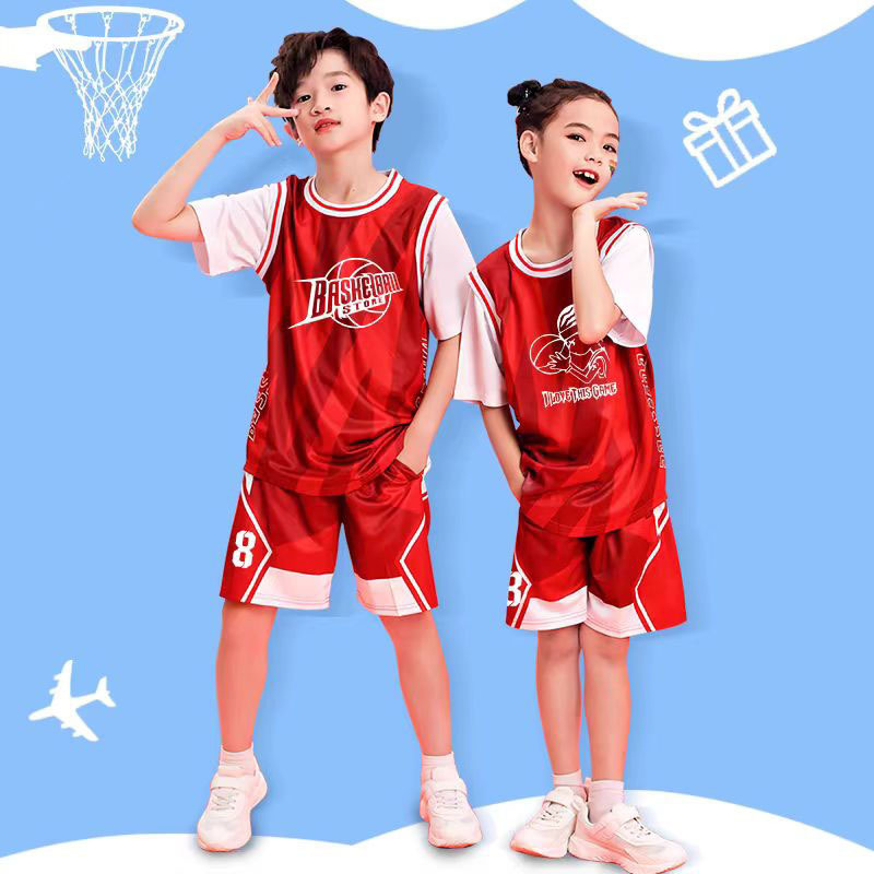 Girls' Short-sleeved Basketball Clothes suit Girls' Fake Two-piece T-shirt Competition Training Clothes Children's Jersey Basketball Men's Class Clothes