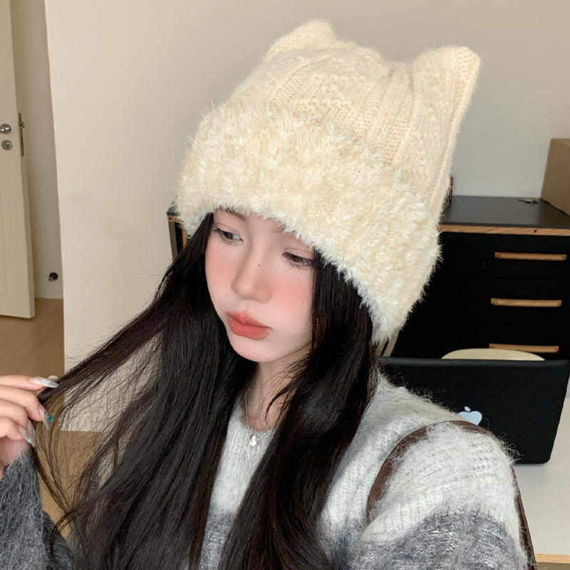 帽子女秋冬甜美可爱猫耳朵毛绒帽加厚针织保暖帽户外防寒包头帽韩|undefined