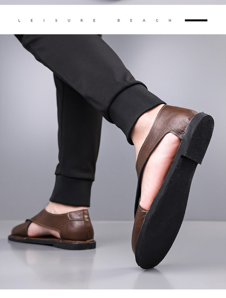 Dép sandal nam quai ngang kiểu La Mã cổ điển, thoáng khí, đế cao su — nâu, đen chi tiết 18
