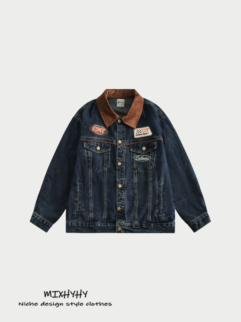 Men's Vintage Denim Jacket Patchwork Embroidered Workwear Style_voghion.com