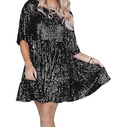 2025 New Sequined Shiny Round Neck Short-Sleeved A-Shaped Loose and Elegant Waist Party Concert Dress