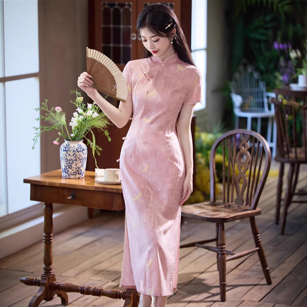 Summer bamboo long pink cheongsam