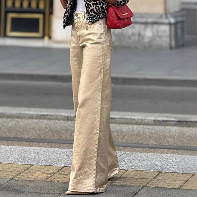 独立站亚马逊欧美女装复古美式微喇直筒宽松长裤高腰纯色休闲8100