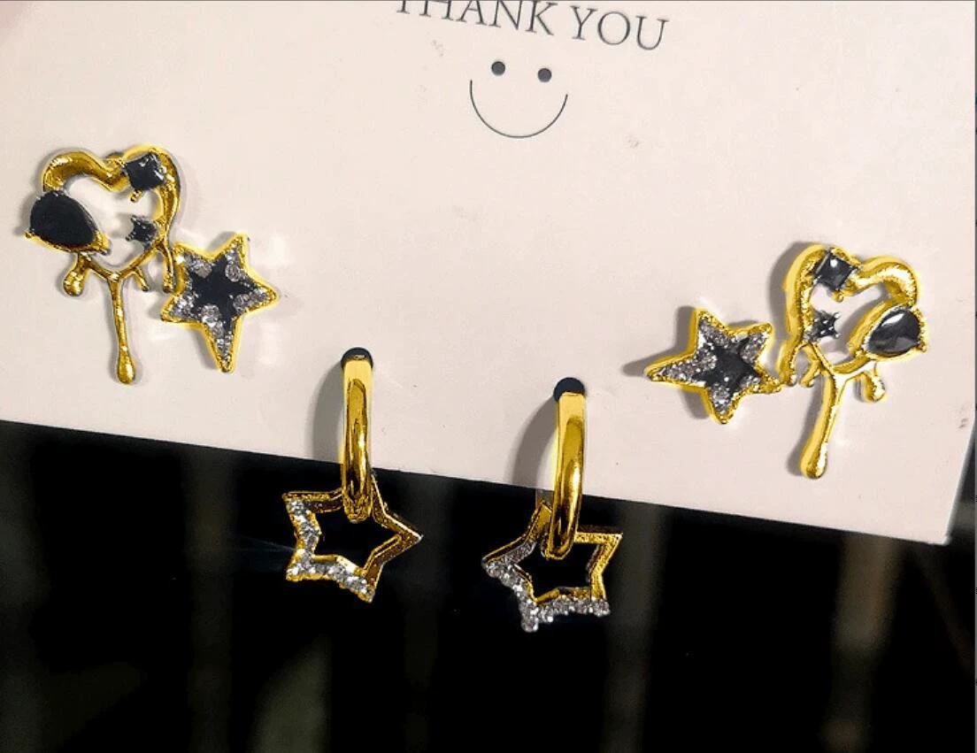 Earrings set 6-piece, European style simple elegant, metal fashion studs and dangles