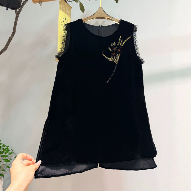 Nanyou 2026 New Model New Chinese Style Silk Velvet Lace Patchwork Hand-Embroidered Vest Top Shirt Nanyou 2026 New Model New Chinese Style Silk Velvet Lace Patchwork Hand-Embroidered Vest Top Shirt