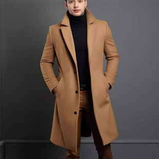 Amazon Foreign Trade Woolen Outwear Men's Mid-Length Pure Color Autumn and Winter Woolen Outwear Warm Youth Outwear Jacket