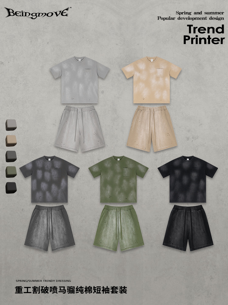 2025 verano Europa y Estados Unidos industria pesada transfronteriza teñido blanqueamiento lavado camiseta de manga corta spray mono traje de pantalón de cinco puntos marea masculina
