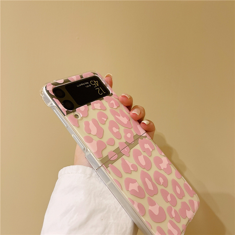 Adatto per Samsung ZFlip4/3/2 telefono con schermo pieghevole custodia rigida per PC con stampa leopardata nera e rosa, pacchetto completo_voghion.com
