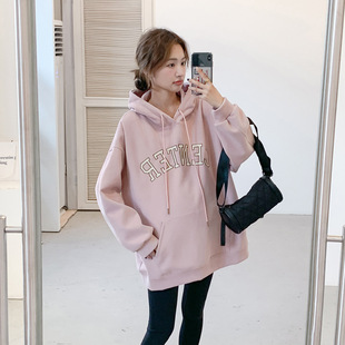 Autumn and Winter new maternity clothes Korean style letter hooded sweater loose mid-length plus size maternity top hot mom fashion