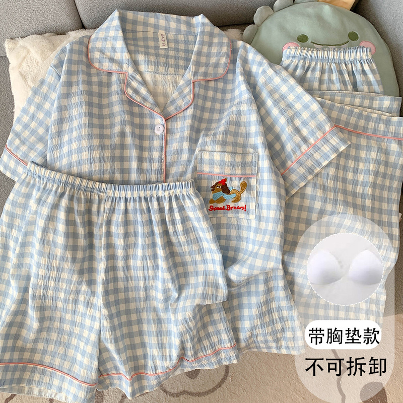 Manufacturer Wholesale Large Size Pajamas for Women with Chest Pad All-In-One Summer Short-Sleeved Cartoon Blue Dachshund Cute Three-Piece Set
