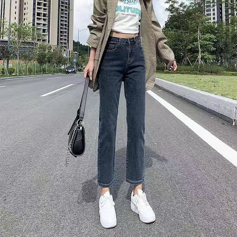 High-Waisted Stretch Straight-Leg Jeans for Women, New Spring and Autumn Plus-Size Slim-Fit Hip-Covering Cigarette Pants, Cropped Length