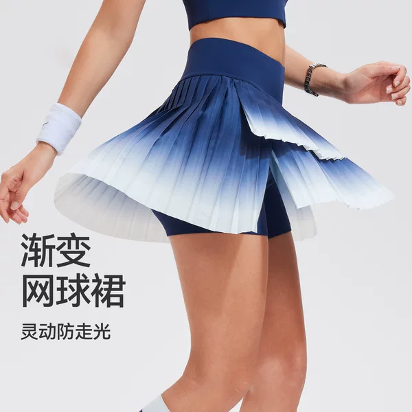 Summer New Style Casual Sports Quick-Dry Breathable Anti-Exposure Skirt-Pants 2-in-1 Pleated Tennis Gradient Color Short Skirt