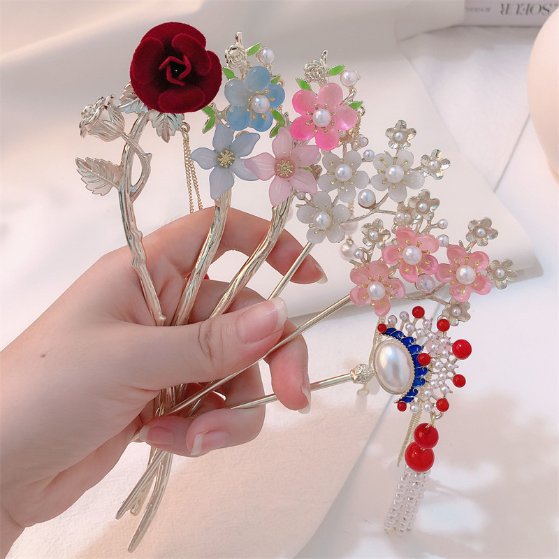 Hada estupenda estilo antiguo accesorios para el cabello rosa perla borla horquilla Hanfu updo horquilla cheongsam palillos paso sacudida tocado