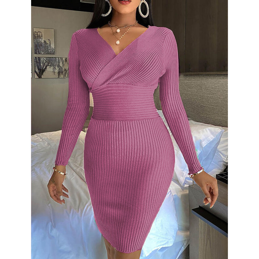 short-sleeved deep V-neck slim solid color threaded dress NSBTY119229