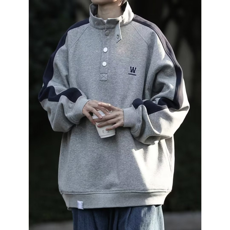 American Retro Patchwork Half-High Collar Button Sweatshirt Spring and Autumn Casual Japanese Loose Color-Blocking Pullover Couple Jacket American Retro Patchwork Half-High Collar Button Sweatshirt Spring and Autumn Casual Japanese Loose Color-Blocking Pullover Couple Jacket