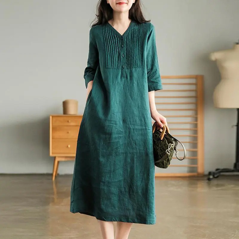 Artistic Retro Style Cotton and Linen Mid-Length Dress with V-Neck and Short Sleeves, 2026 Summer New Versatile Women's Clothing Artistic Retro Style Cotton and Linen Mid-Length Dress with V-Neck and Short Sleeves, 2026 Summer New Versatile Women's Clothing
