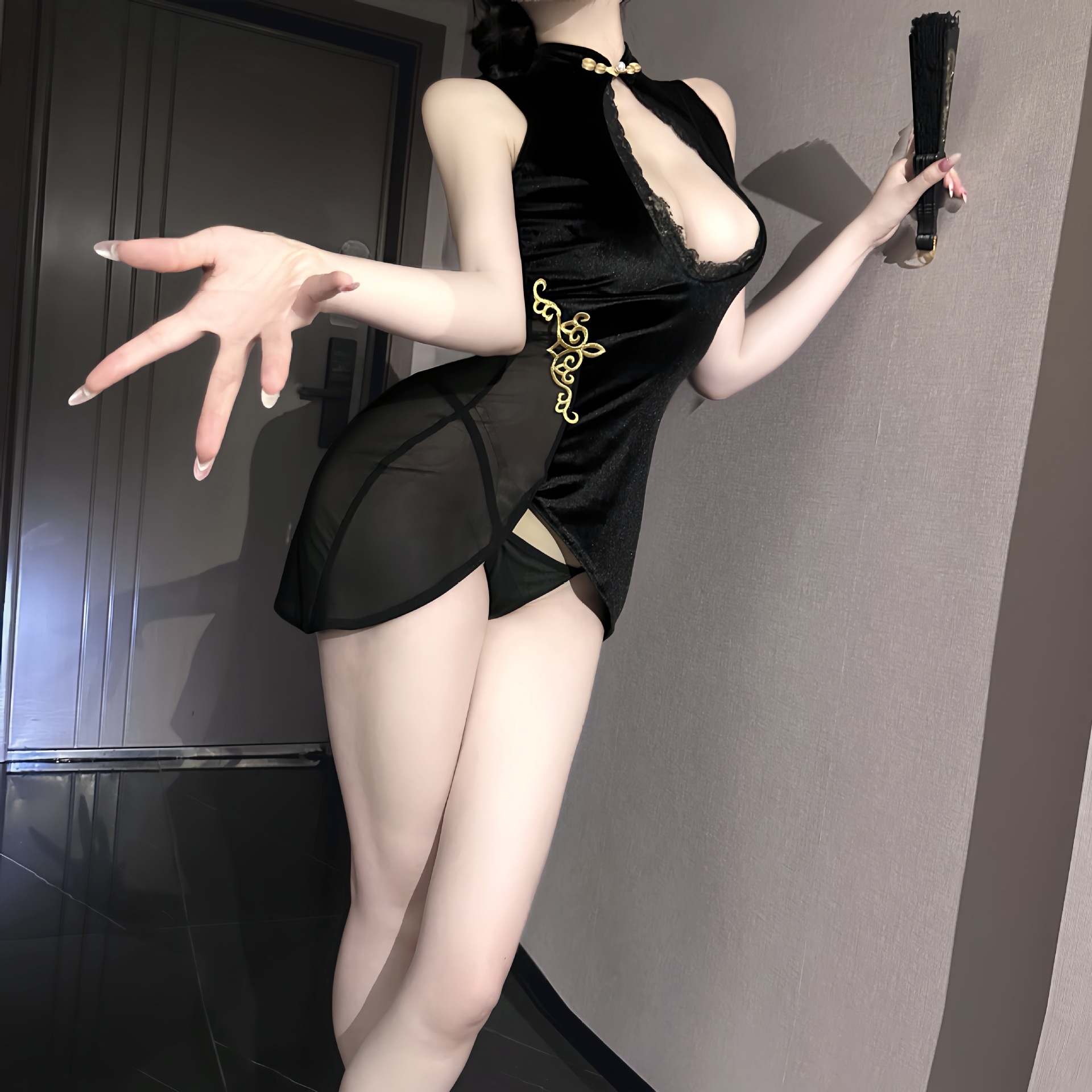 Sheer Lace Cheongsam Uniform Set with Stand Collar, Deep V-Neck and Hollow-Out Design — detail image 3