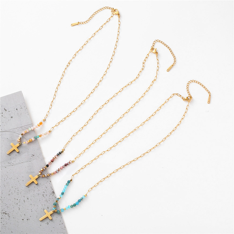 Plating Design Ethnic Style Cross Stainless Steel Beaded Plating 14k Gold Plated Pendant Necklace