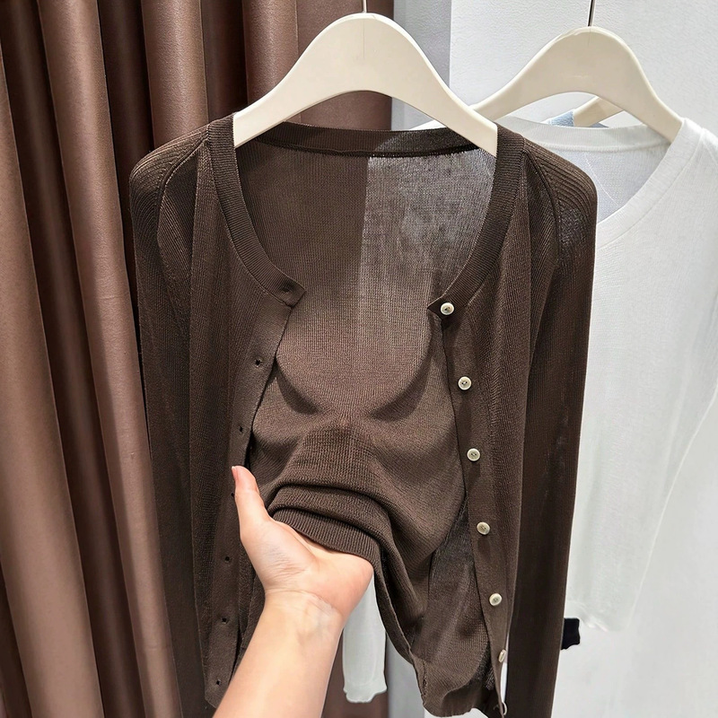 European and American cross-border spring-summer women's knit cardigan, solid color, round neck, long sleeve, semi-transparent, made of Lyocell Tencel, thin cardigan European and American cross-border spring-summer women's knit cardigan, solid color, round neck, long sleeve, semi-transparent, made of Lyocell Tencel, thin cardigan