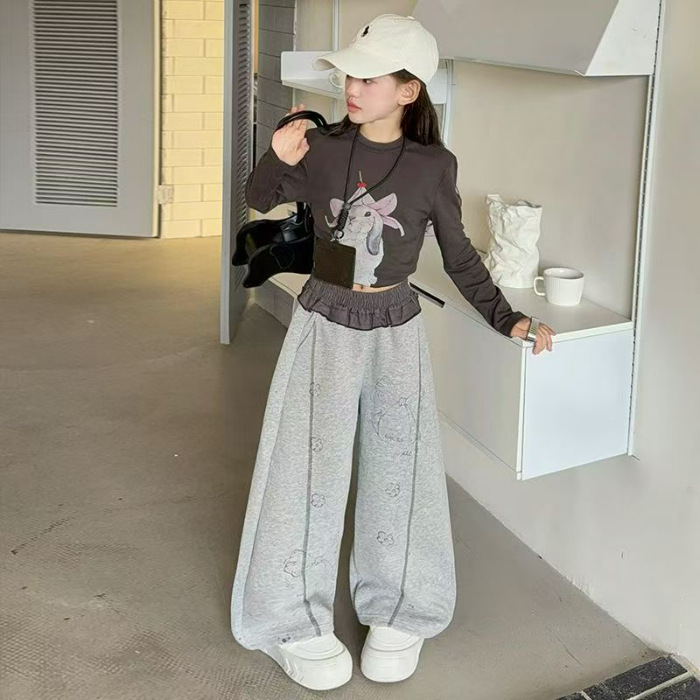 女童打底衫长袖T恤秋装中大童春秋新款花边宽松时尚休闲风两件套|undefined