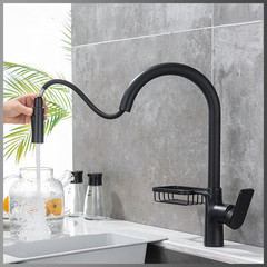 廠家直銷全銅烤漆可旋轉廚房龍頭冷熱帶置物架籃洗菜盆抽拉式龍頭