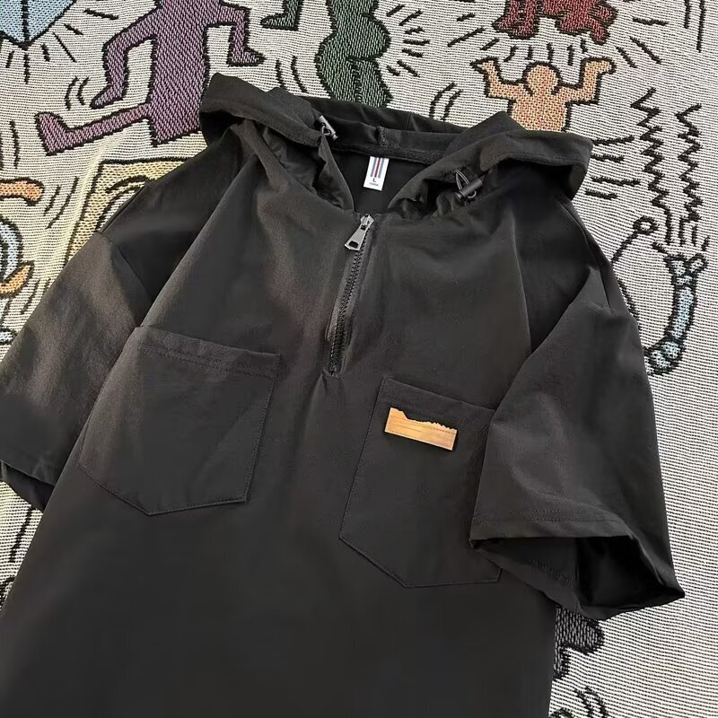 New Summer Workwear Solid Color Men's Hooded Zipper Short-Sleeved Shirt Trendy Loose Casual Japanese Style Shirt