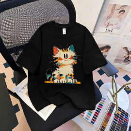 新款美式童趣彩色涂鸦猫咪儿童短袖T恤男女童夏装新款上衣