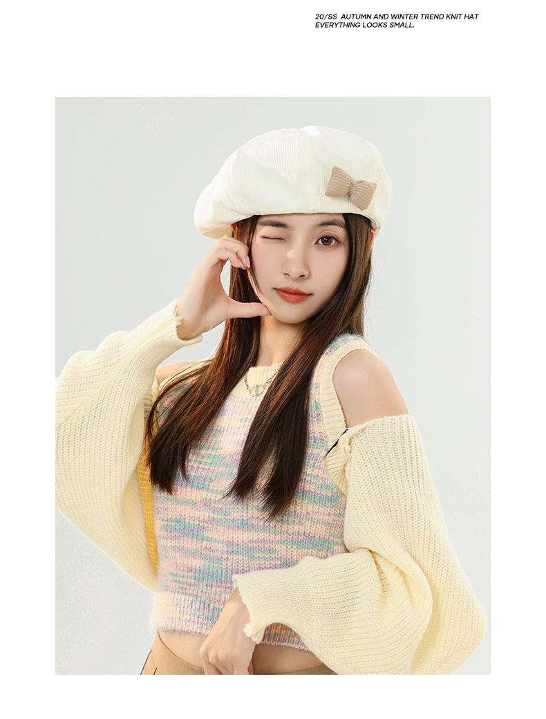 Hat female autumn and winter solid color bow beret parent-child Korean version white sweet bud hat retro painter hat_voghion.com